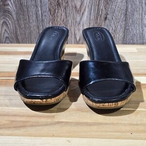 Talbots Black Leather Cork Wedge Sandals Open Toe Slide Shoes Women's 9.5B Black